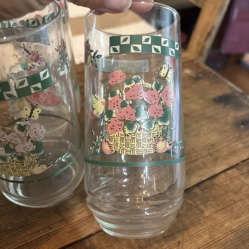 VINTAGE Anchor Hocking DRINKING GLASS Country Watermelon Floral Set of 4